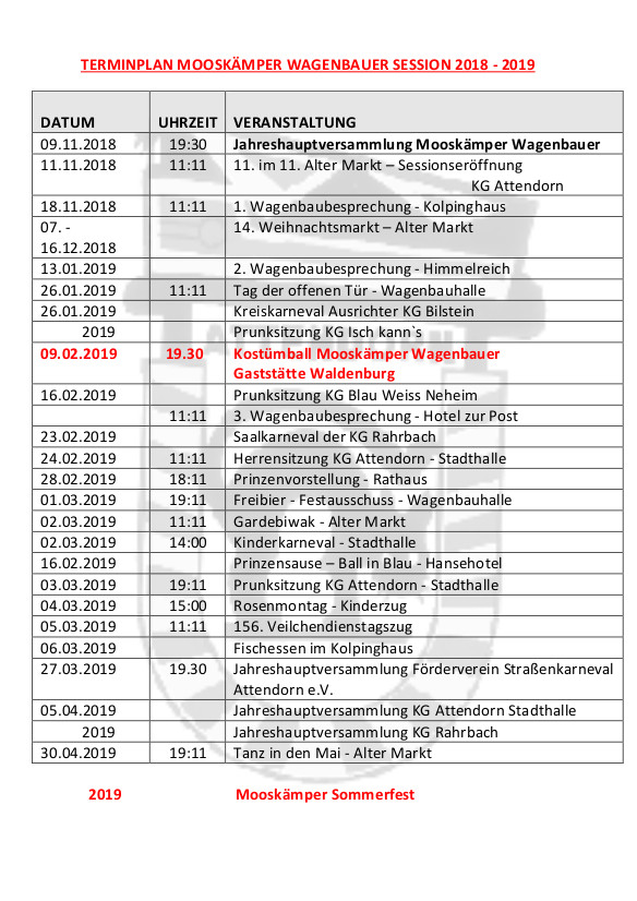 Terminplan Mooskämper Wagenbauer Session 2018 - 2019